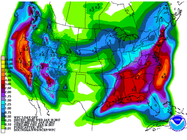The seven-day precipitation forecast for the Delta and southeastern U.S. show improving soil moisture levels heading into spring planting. (NOAA graphic)